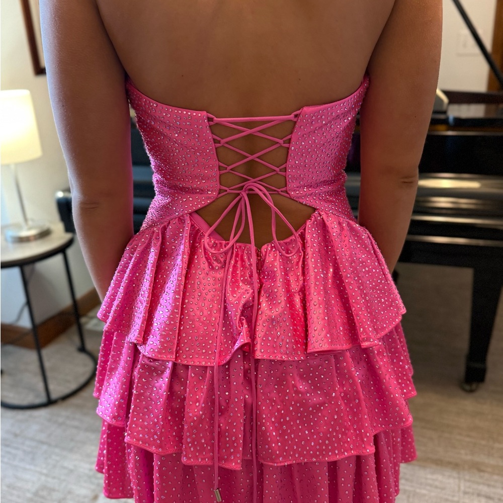 Elegant Hot Pink Strapless Prom Hoco Homecoming Dress sequins ruffles size 4 - Picture 5 of 9
